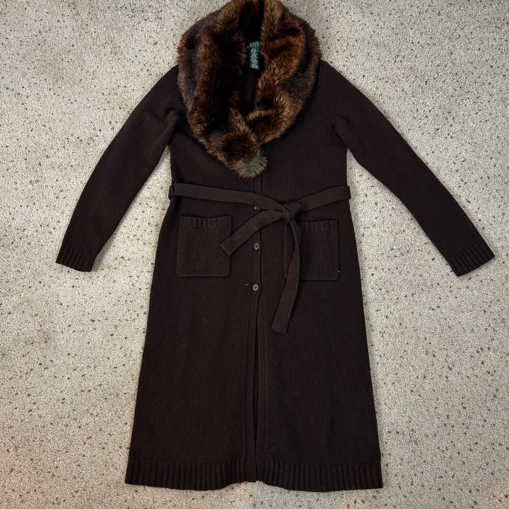 Lauren Ralph Lauren Brown Cardigan with Faux Fur Collar